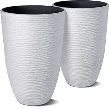 Worth Garden 2-Pack 21" H. White Tall Planters - 14'' Dia Resin Large Round Flower Pots for Outdoor ...