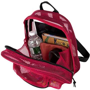 Mini Mesh Backpack for Women, Men, Beach Toys, Pool, and Swimming Gear; Mini Transparent Backpacks with Padded Straps (Red)