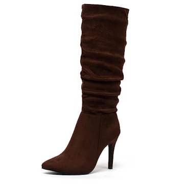 katliu Women Suede Knee High Boots Pointed Toe Stiletto Boot Slouchy Zipper High Heel Boots Brown Si...