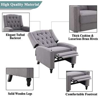 Artechworks Tufted Fabric Pushback Manual Recliner Chair for Living Room - Single Sofa Home Theater Seating- Comfortable Bedroom & Living Room Chair Reclining Sofa, Grey