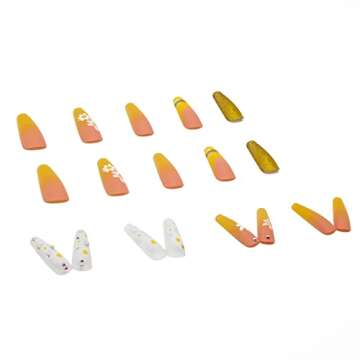 RikView Luxury Press on Nails Long Fake Nails Coffin with Gold Powder French Yellow Nails Matte Acrylic Nails for Women