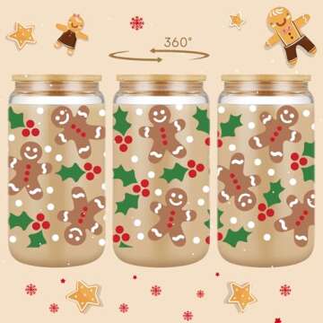 Coolife Holly Gingerbread Man Christmas Decorations, Gifts for Women Men - 16 oz Glass Cup Tumbler w...