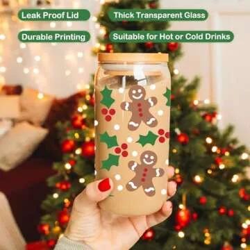 Coolife Holly Gingerbread Man Christmas Decorations, Gifts for Women Men - 16 oz Glass Cup Tumbler w/Straw Lid, Christmassy Preppy Glass Cups w/Lids Straws for Smoothie Iced Coffee Beer