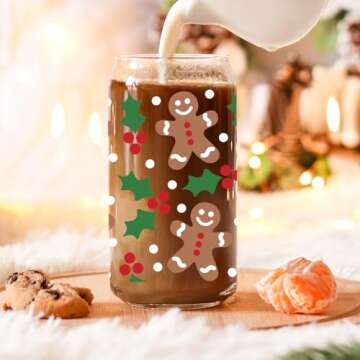 Coolife Holly Gingerbread Man Christmas Decorations, Gifts for Women Men - 16 oz Glass Cup Tumbler w/Straw Lid, Christmassy Preppy Glass Cups w/Lids Straws for Smoothie Iced Coffee Beer