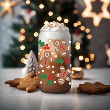 Coolife Holly Gingerbread Man Christmas Decorations, Gifts for Women Men - 16 oz Glass Cup Tumbler w/Straw Lid, Christmassy Preppy Glass Cups w/Lids Straws for Smoothie Iced Coffee Beer