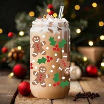 Coolife Holly Gingerbread Man Christmas Decorations, Gifts for Women Men - 16 oz Glass Cup Tumbler w/Straw Lid, Christmassy Preppy Glass Cups w/Lids Straws for Smoothie Iced Coffee Beer