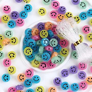 200pcs Glowing Solar Luminous Smile Face Beads Mixed Acrylic Glow in The Dark Happy Face Beads Charms with Rope for DIY Jewelry Craft Making Party Decoration (Luminous)