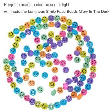 200pcs Glowing Solar Luminous Smile Face Beads Mixed Acrylic Glow in The Dark Happy Face Beads Charms with Rope for DIY Jewelry Craft Making Party Decoration (Luminous)