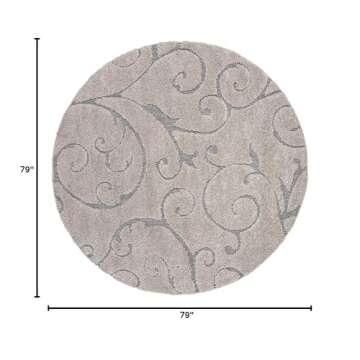 SAFAVIEH Florida Shag Collection Area Rug - 6'7" Round, Grey & Light Blue, Scroll Design, Non-Sheddi...