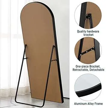 NeuType 65"x22" Large Arched Full Length Floor Mirror with Stand , Bedroom Mirror Standing or Leaning Against Wall Aluminum Alloy Frame Dressing Mirror, Black