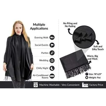 elzama Solid Color Shawl Scarf | Large & Cashmere Soft Pashmina For Women | Winter Blanket Wrap