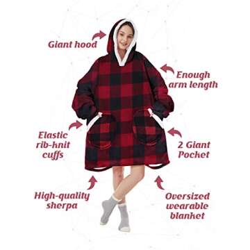 Century Star Wearable Blanket Hoodies for Women Men Sherpa Oversized Giant Thick Cozy Fleece Soft Warm Adult Sweatshirt Hooded Christmas Red plaid