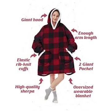 Century Star Wearable Blanket Hoodies for Women Men Sherpa Oversized Giant Thick Cozy Fleece Soft Warm Adult Sweatshirt Hooded Christmas Red plaid