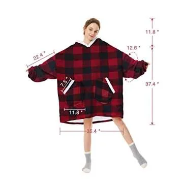 Century Star Wearable Blanket Hoodies for Women Men Sherpa Oversized Giant Thick Cozy Fleece Soft Warm Adult Sweatshirt Hooded Christmas Red plaid
