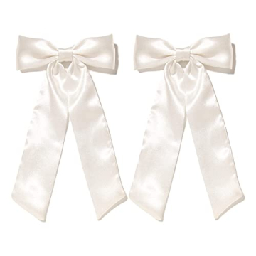 Furling Pompoms Hair Bow Clips for Women, White Hair Bows Clips, 2pcs Long Tail Ribbons Bows, Big Sa...