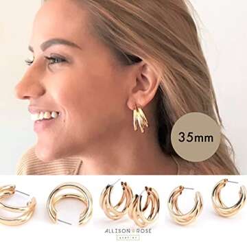 ALLISON ROSE ATELIER – Bold 14K Gold Plated Triple Hoop Earrings for Women – Statement Split Hoop Design – Oversized 3-in-1 Hoops – Dramatic Ear Stack Effect
