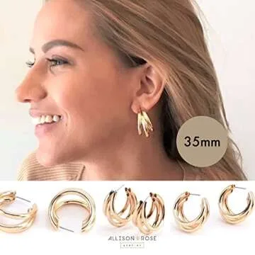 ALLISON ROSE ATELIER – Bold 14K Gold Plated Triple Hoop Earrings for Women – Statement Split Hoop Design – Oversized 3-in-1 Hoops – Dramatic Ear Stack Effect