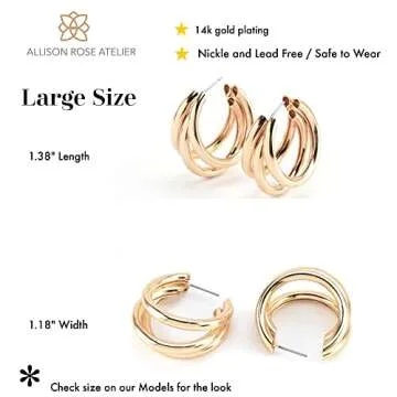 ALLISON ROSE ATELIER – Bold 14K Gold Plated Triple Hoop Earrings for Women – Statement Split Hoop Design – Oversized 3-in-1 Hoops – Dramatic Ear Stack Effect