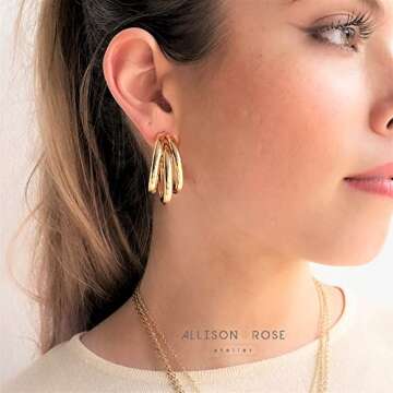 ALLISON ROSE ATELIER – Bold 14K Gold Plated Triple Hoop Earrings for Women – Statement Split Hoop Design – Oversized 3-in-1 Hoops – Dramatic Ear Stack Effect