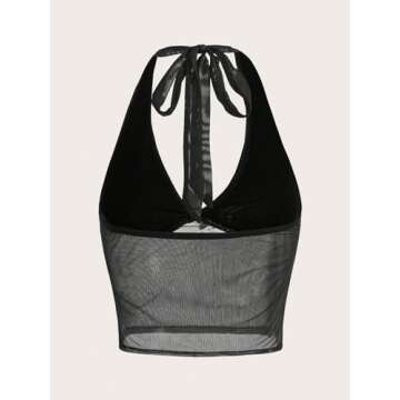 COZYEASE Women's Y2K Sheer Mesh Tie Back Halter Top Floral Print Rhinestone Cami Tops Backless Crop ...