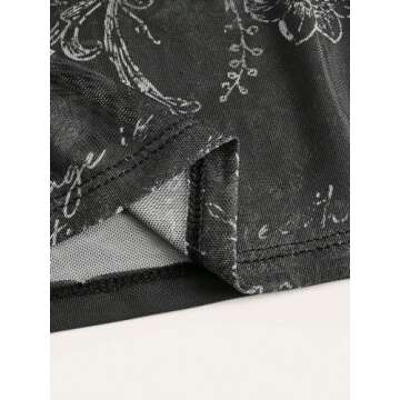 COZYEASE Women's Y2K Sheer Mesh Tie Back Halter Top Floral Print Rhinestone Cami Tops Backless Crop Tee Black Small