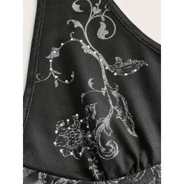 COZYEASE Women's Y2K Sheer Mesh Tie Back Halter Top Floral Print Rhinestone Cami Tops Backless Crop Tee Black Small