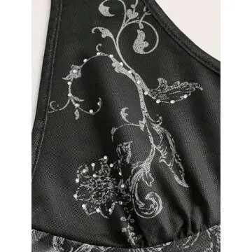 COZYEASE Women's Y2K Sheer Mesh Tie Back Halter Top Floral Print Rhinestone Cami Tops Backless Crop Tee Black Small