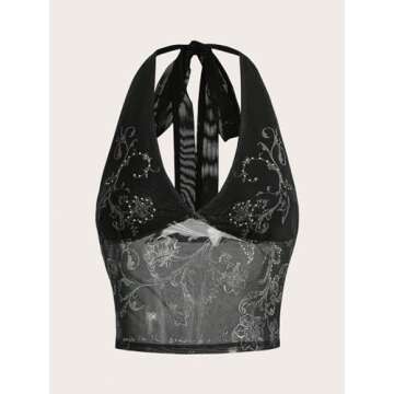 COZYEASE Women's Y2K Sheer Mesh Tie Back Halter Top Floral Print Rhinestone Cami Tops Backless Crop Tee Black Small