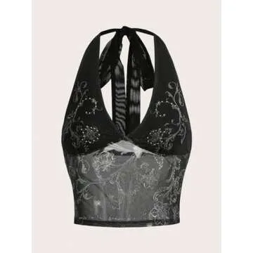 COZYEASE Women's Y2K Sheer Mesh Tie Back Halter Top Floral Print Rhinestone Cami Tops Backless Crop Tee Black Small