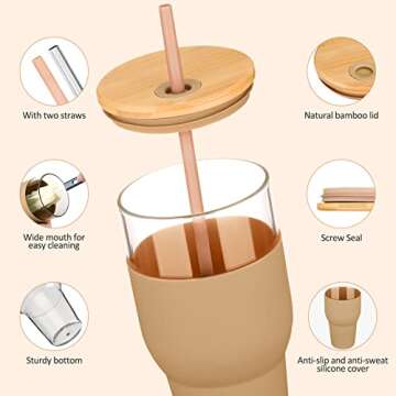 kytffu 32oz Glass Tumbler with Straw and Lid, Reusable Boba Smoothie Cup Iced Coffee Tumbler with Si...
