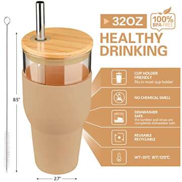 Kytffu 32oz Glass Tumbler - Durable Straw Lid Mug