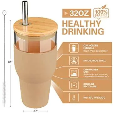 Kytffu 32oz Glass Tumbler - Durable Straw Lid Mug
