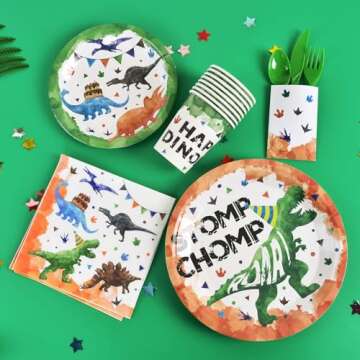 Watercolor Dinosaur Party Supplies - Dino Theme Birthday Party Decoration for Boys Birthday Banner Balloons Plates Cups Napkins Cutlery Bag Table Cover Tableware Utensils Serves 16 Guests 153 PCS