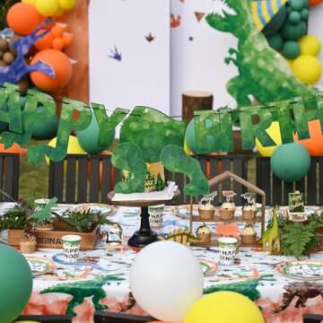 Watercolor Dinosaur Party Supplies - Dino Theme Birthday Party Decoration for Boys Birthday Banner Balloons Plates Cups Napkins Cutlery Bag Table Cover Tableware Utensils Serves 16 Guests 153 PCS