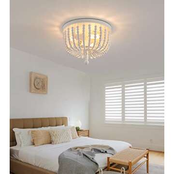 Q&S White Boho Beaded Chandeliers Flush Mount Ceiling Light,3-Lights Small Chandelier Light Fixture for Bedroom,Kitchen,Dining Room,Living Room,Stairway Gazebo