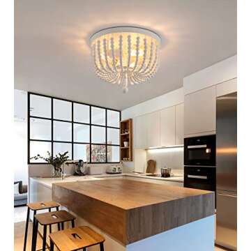 Q&S White Boho Beaded Chandeliers Flush Mount Ceiling Light,3-Lights Small Chandelier Light Fixture for Bedroom,Kitchen,Dining Room,Living Room,Stairway Gazebo