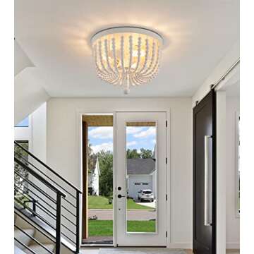 Q&S White Boho Beaded Chandeliers Flush Mount Ceiling Light,3-Lights Small Chandelier Light Fixture for Bedroom,Kitchen,Dining Room,Living Room,Stairway Gazebo