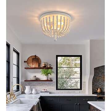 Q&S White Boho Beaded Chandeliers Flush Mount Ceiling Light,3-Lights Small Chandelier Light Fixture for Bedroom,Kitchen,Dining Room,Living Room,Stairway Gazebo