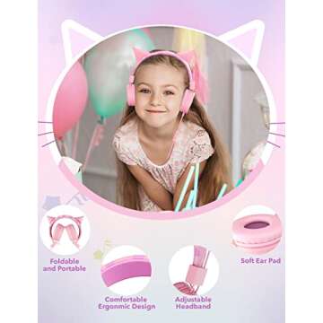 SIMJAR Cat Ear Kids Headphones with Microphone for School, Volume Limiter 85/94dB, Wired Girls Headphones with Foldable Design for Online Learning/Travel/Tablet/iPad (Pink)