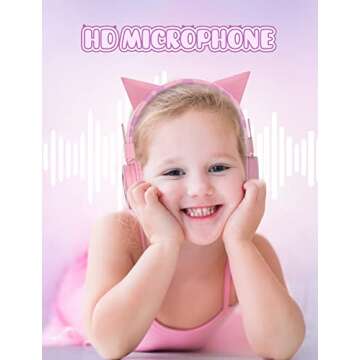SIMJAR Cat Ear Kids Headphones with Microphone for School, Volume Limiter 85/94dB, Wired Girls Headphones with Foldable Design for Online Learning/Travel/Tablet/iPad (Pink)