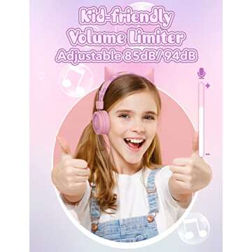 SIMJAR Cat Ear Kids Headphones with Microphone for School, Volume Limiter 85/94dB, Wired Girls Headphones with Foldable Design for Online Learning/Travel/Tablet/iPad (Pink)