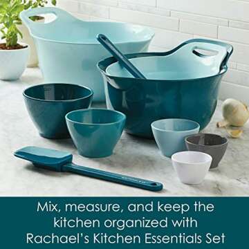Rachael Ray Tools and Gadgets Mix and Measure Cooking / Baking Prep Set with Mixing Bowls, Measuring Cups, and Tools - 10 Piece, Light Blue and Teal