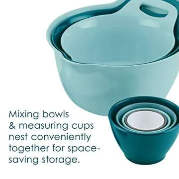 Rachael Ray Tools and Gadgets Mix and Measure Cooking / Baking Prep Set with Mixing Bowls, Measuring Cups, and Tools - 10 Piece, Light Blue and Teal
