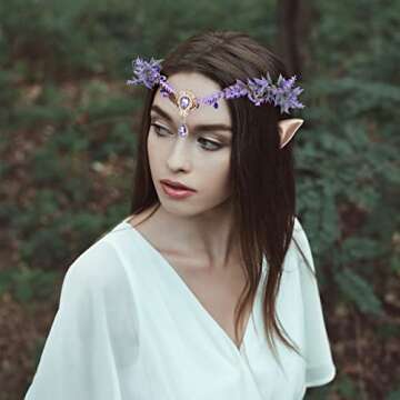 FRESHME Elf Ears with Purple Fairy Crown Set Pixie Ears with Goddess Headpiece Kit Flower Headband T...