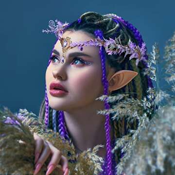 FRESHME Elf Ears with Purple Fairy Crown Set Pixie Ears with Goddess Headpiece Kit Flower Headband Tiara Fantasy Headdress Cosplay Costume Accessories Halloween Renaissance Dress for Women Girls