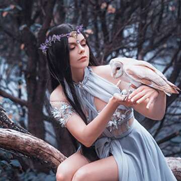 FRESHME Elf Ears with Purple Fairy Crown Set Pixie Ears with Goddess Headpiece Kit Flower Headband Tiara Fantasy Headdress Cosplay Costume Accessories Halloween Renaissance Dress for Women Girls