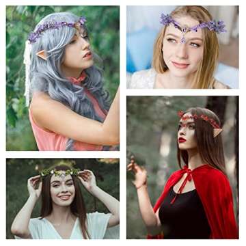 FRESHME Elf Ears with Purple Fairy Crown Set Pixie Ears with Goddess Headpiece Kit Flower Headband Tiara Fantasy Headdress Cosplay Costume Accessories Halloween Renaissance Dress for Women Girls