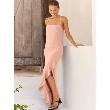 ANRABESS Women Prom Dress 2024 Summer Bodycon Formal Maxi Dresses Ruffle Side Split Cocktail Wedding Guest Date Dress Light Pink Small