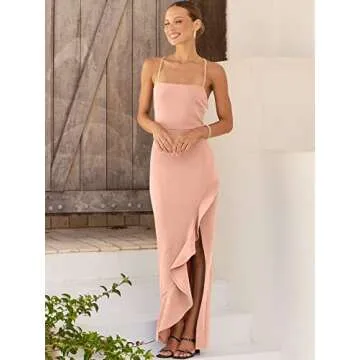 ANRABESS Women Prom Dress 2024 Summer Bodycon Formal Maxi Dresses Ruffle Side Split Cocktail Wedding Guest Date Dress Light Pink Small