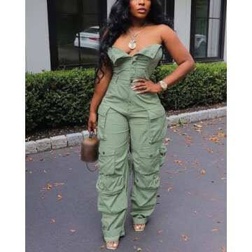 Tbahhir Women's Sexy Strapless Cargo Denim Jumpsuit with Multi Pockets Loose Baggy Wide Leg Jeans Ro...